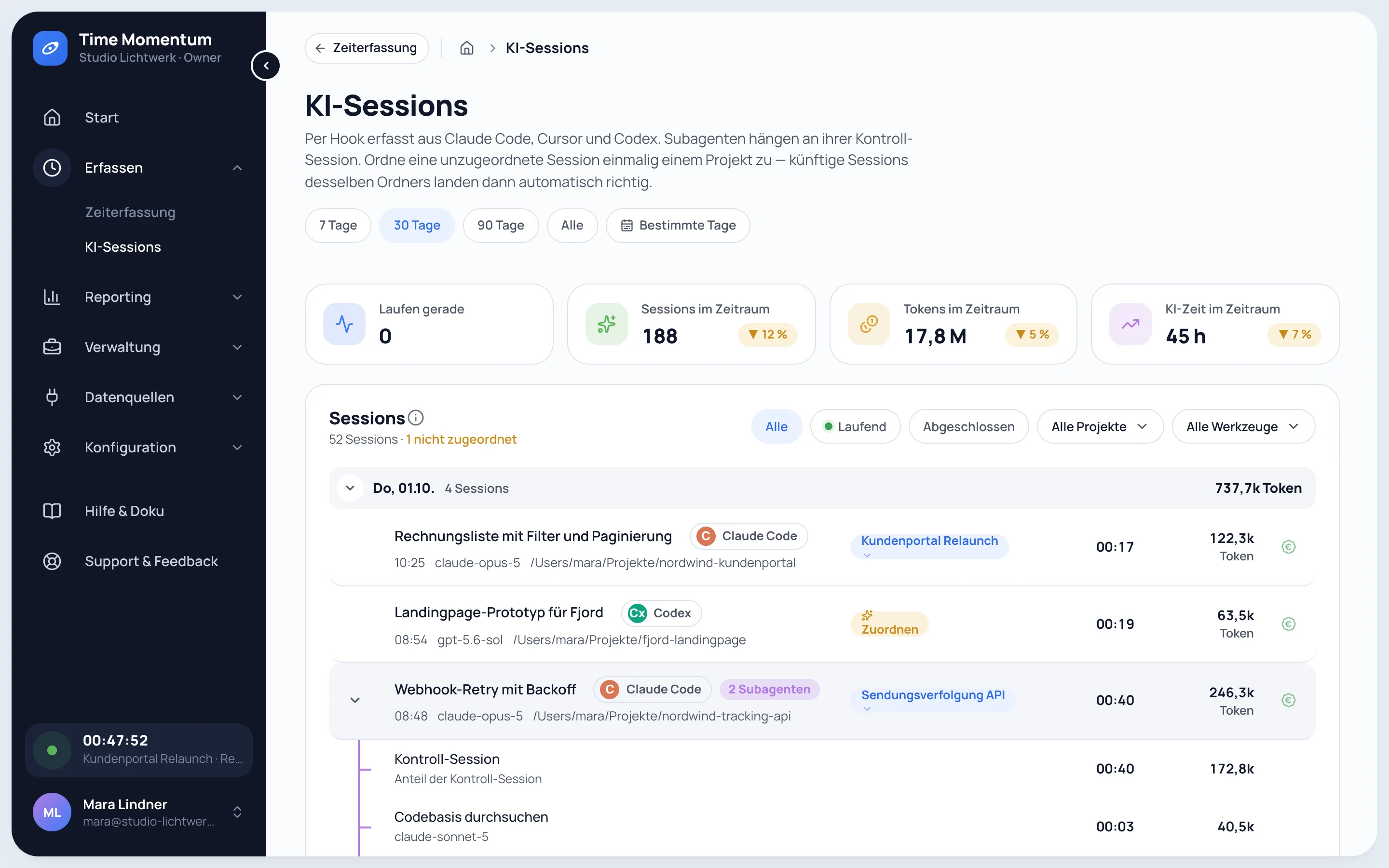 Liste der automatisch erfassten KI-Sessions aus Claude Code, Codex und Cursor mit aufgeklappten Subagenten, Projekten, Laufzeit und Tokens