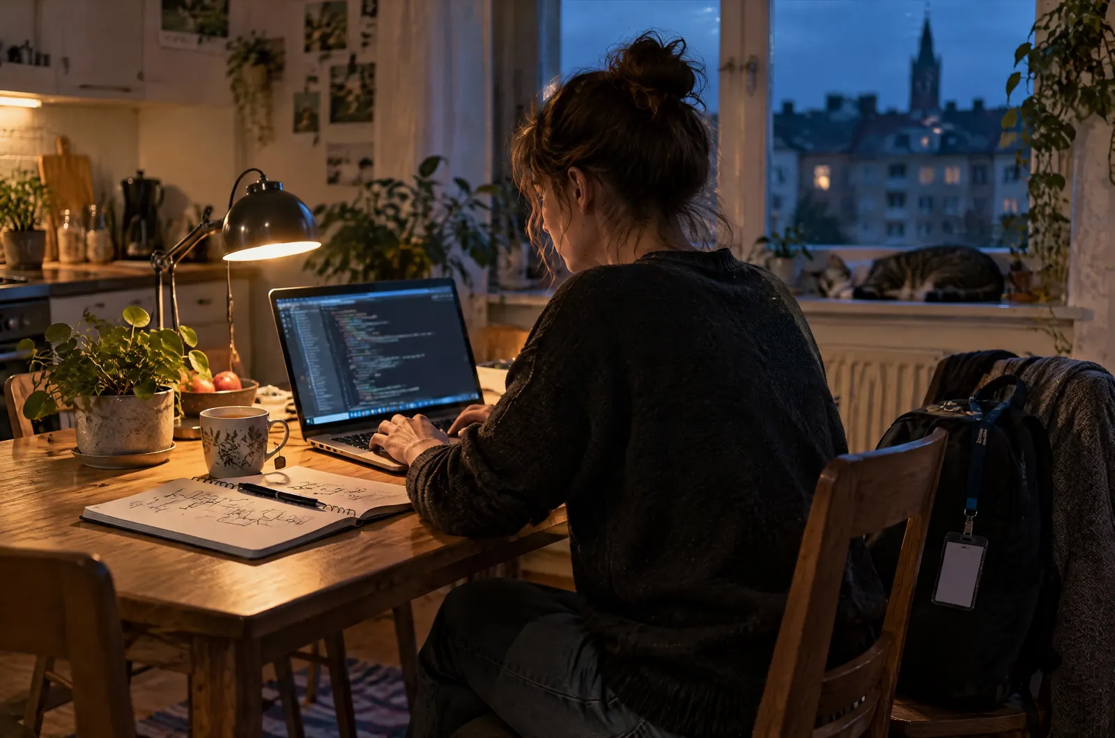 Person arbeitet abends am Küchentisch am Laptop, daneben Rucksack und Firmenausweis
