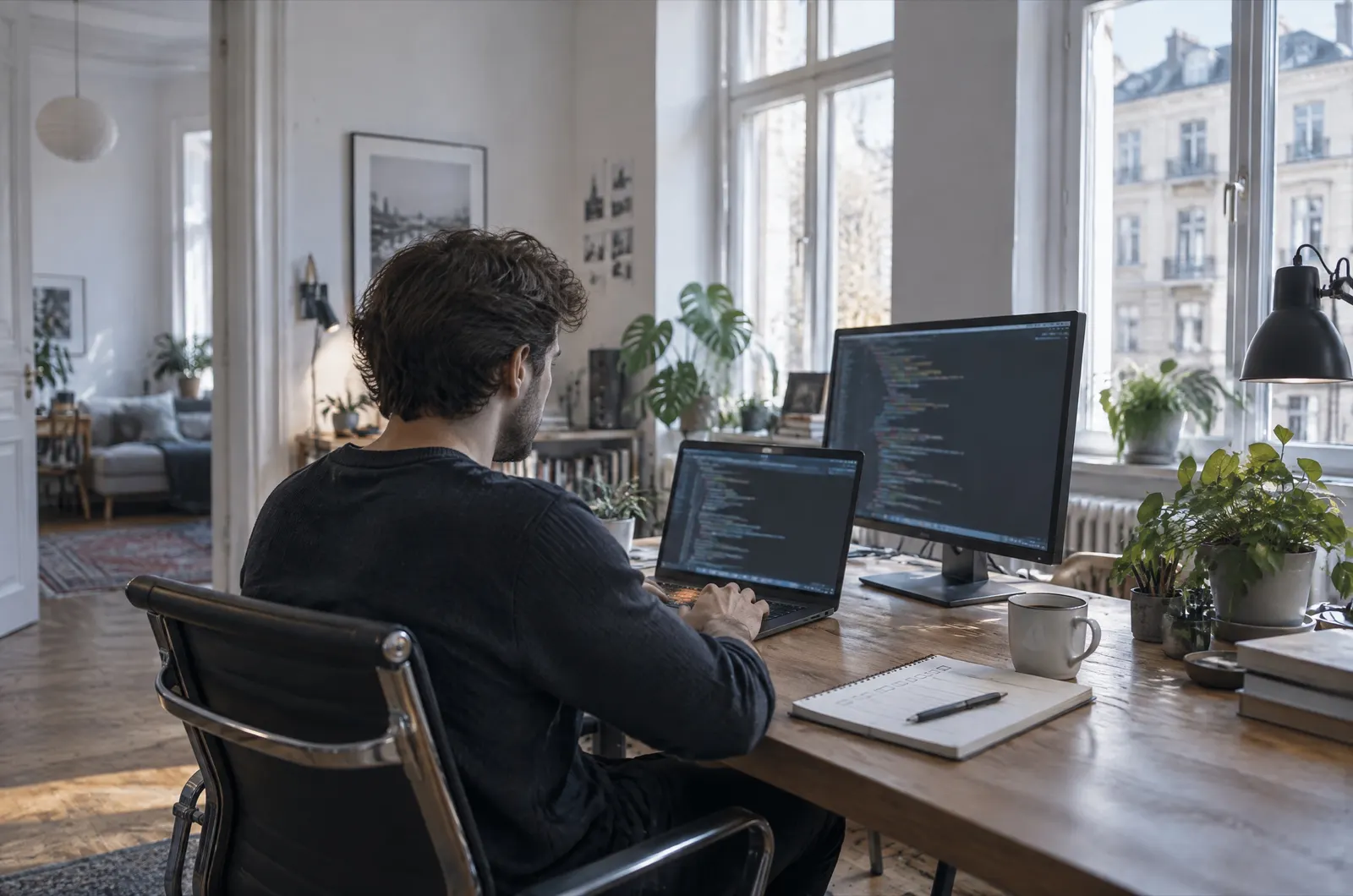 Entwickler am Schreibtisch eines hellen Altbau-Arbeitszimmers mit Laptop, Monitor und Notizbuch