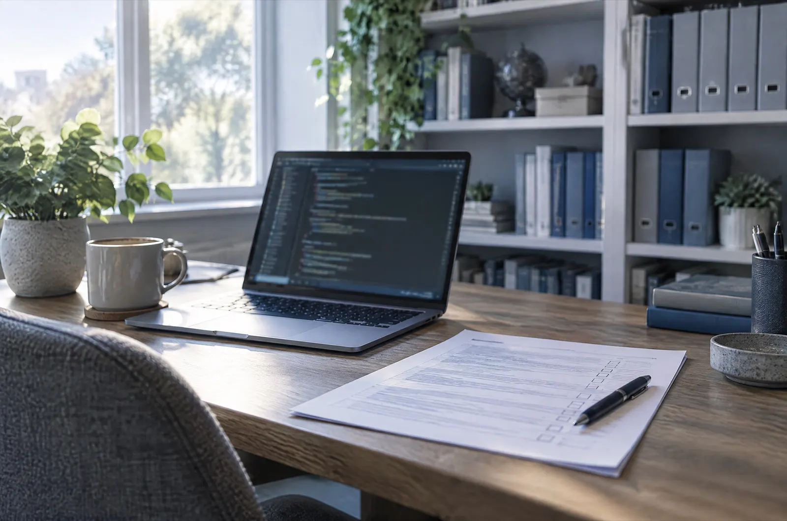 Schreibtisch mit Laptop und Formular vor einem Regal mit Ordnern